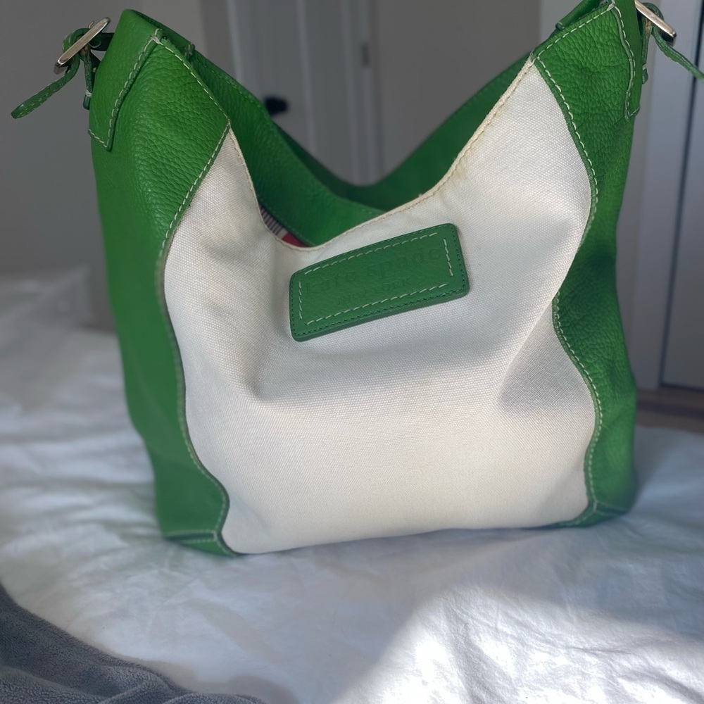 Kate Spade Green leather & cream canvas bag